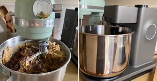 A side-by-side shot of two stand mixers being tested for the article