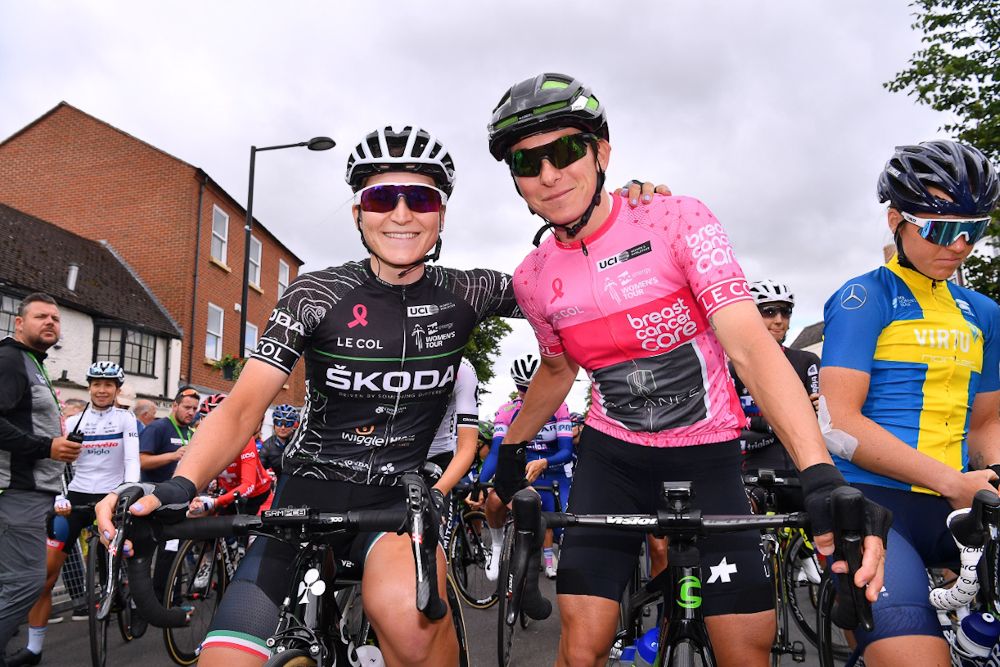 Elisa Longo Borghini (Wiggle High5) in the black Mountain Jersey and Giorgia Bronzini (Cylance Pro Cycling) in the pink Breast Cancer Care Points Jersey