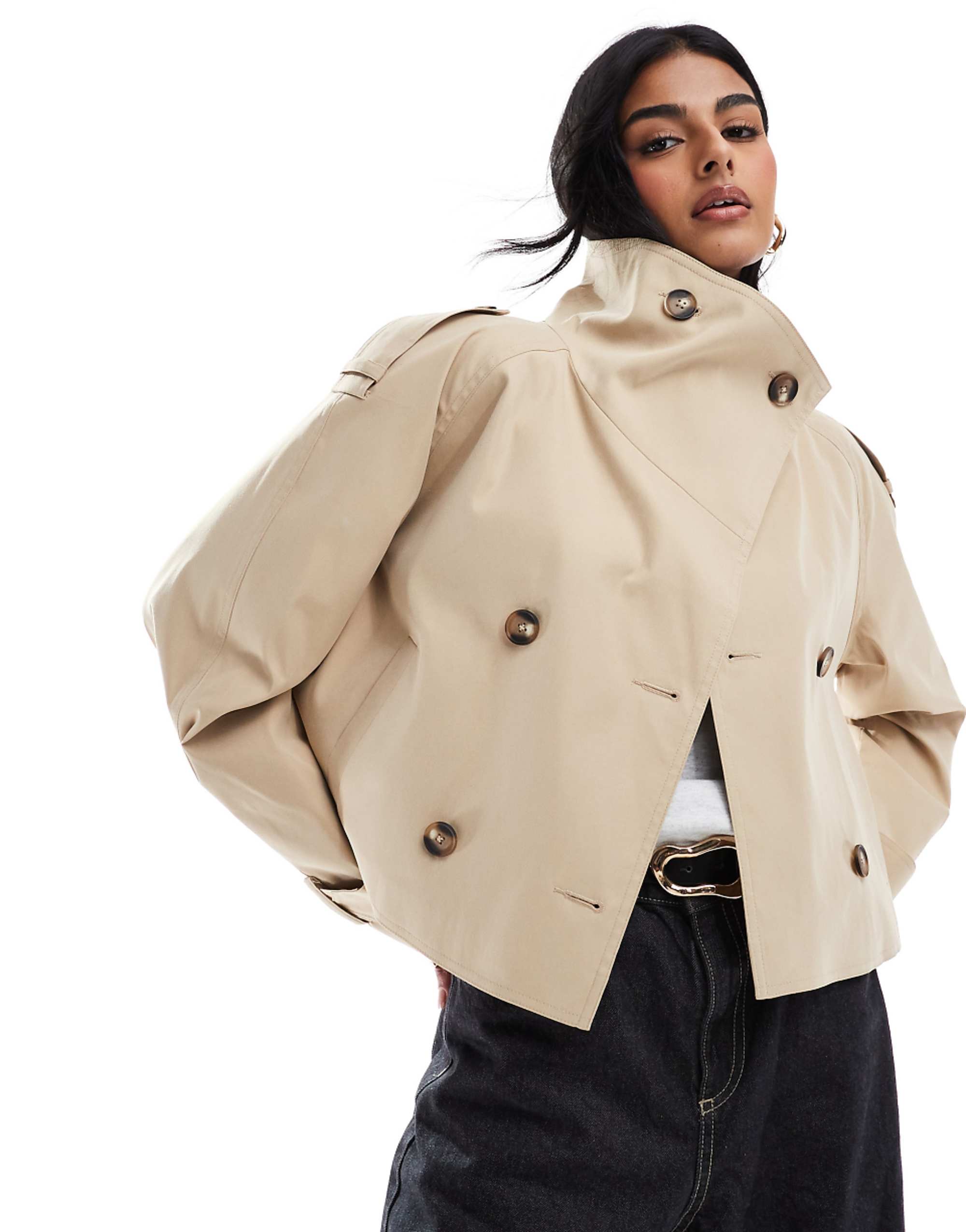 Asos Design Cropped Funnel Neck Trench Coat in Stone