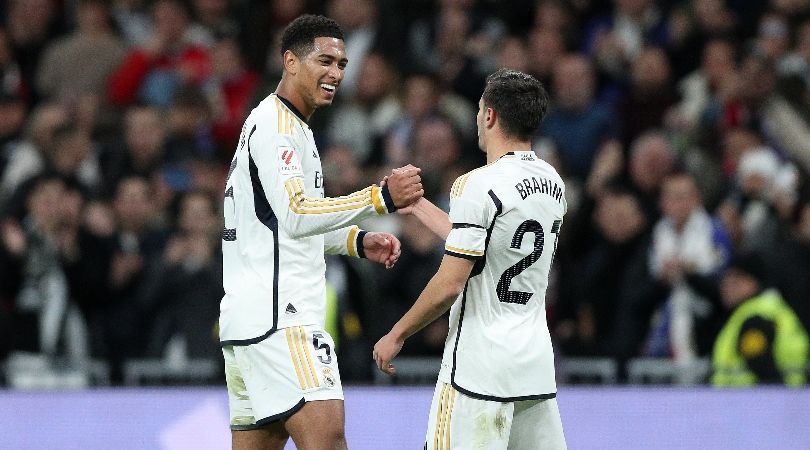 Jude Bellingham congratulates Brahim Diaz after his goal for Real Madrid against Granada in December 2023.