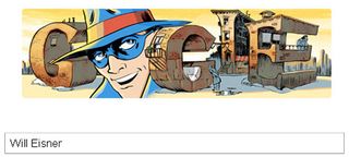Comic book version of the Google logo, with a masked man taking the place of the 'O'
