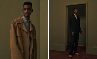 LEFT: Black male model wearing a stripped formal shirt and brown mac from Stella McCartney's 2016 Menswear collection; RIGHT: A black male model wearing a black suit from Stella McCartney's 2016 Menswear collection