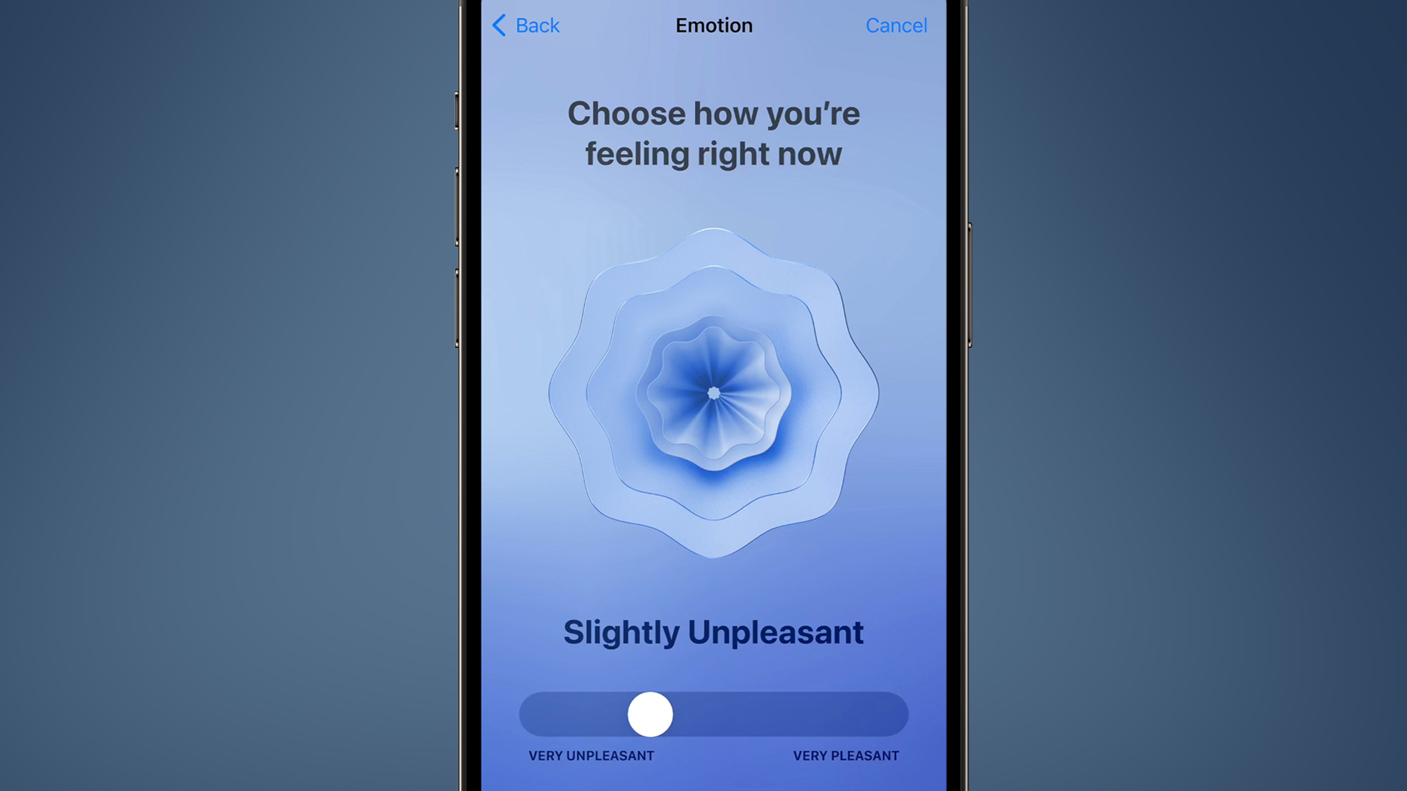 An iPhone on a blue background showing a mental health mode on the Apple Health app