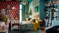 living room with red patterned wallpaper, green bedroom, blue library room
