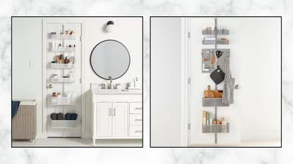 Full height over the door storage options for a small bathroom and a kitchen pantry in white and gray on a marble-colored background