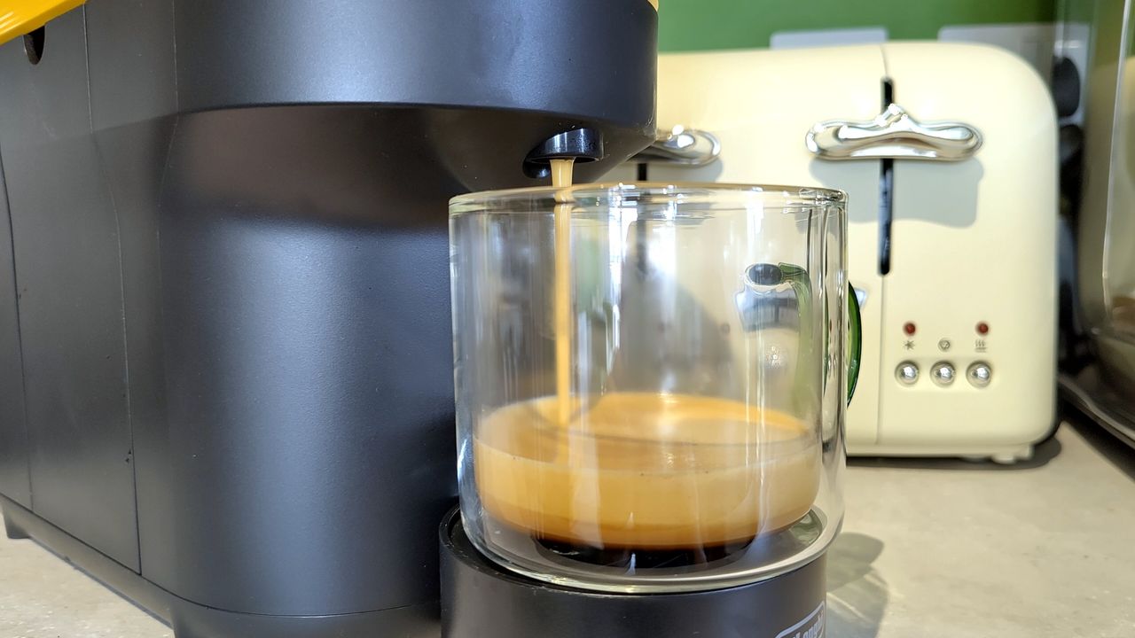 Nespresso pistachio vanilla capsule dispensing from Nespresso Vertuo Pop coffee maker