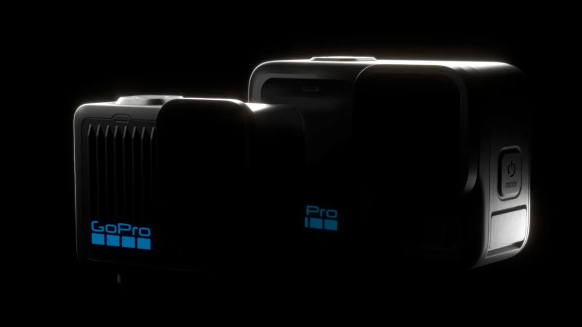 The silhouette of two GoPro action cams on a black background