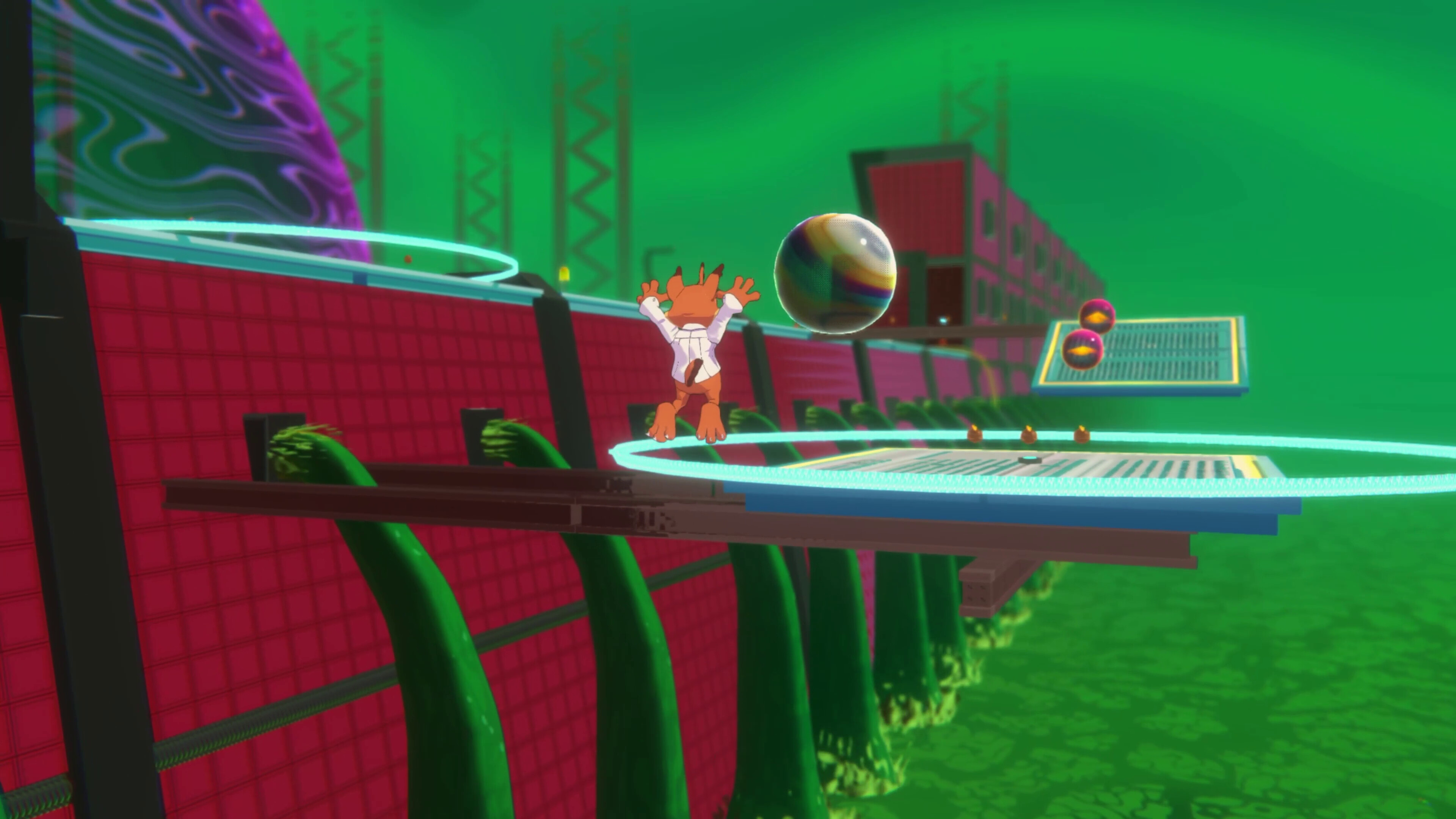 Bubsy pounces towards a floating platform suspended above green goo in Bubsy 4D
