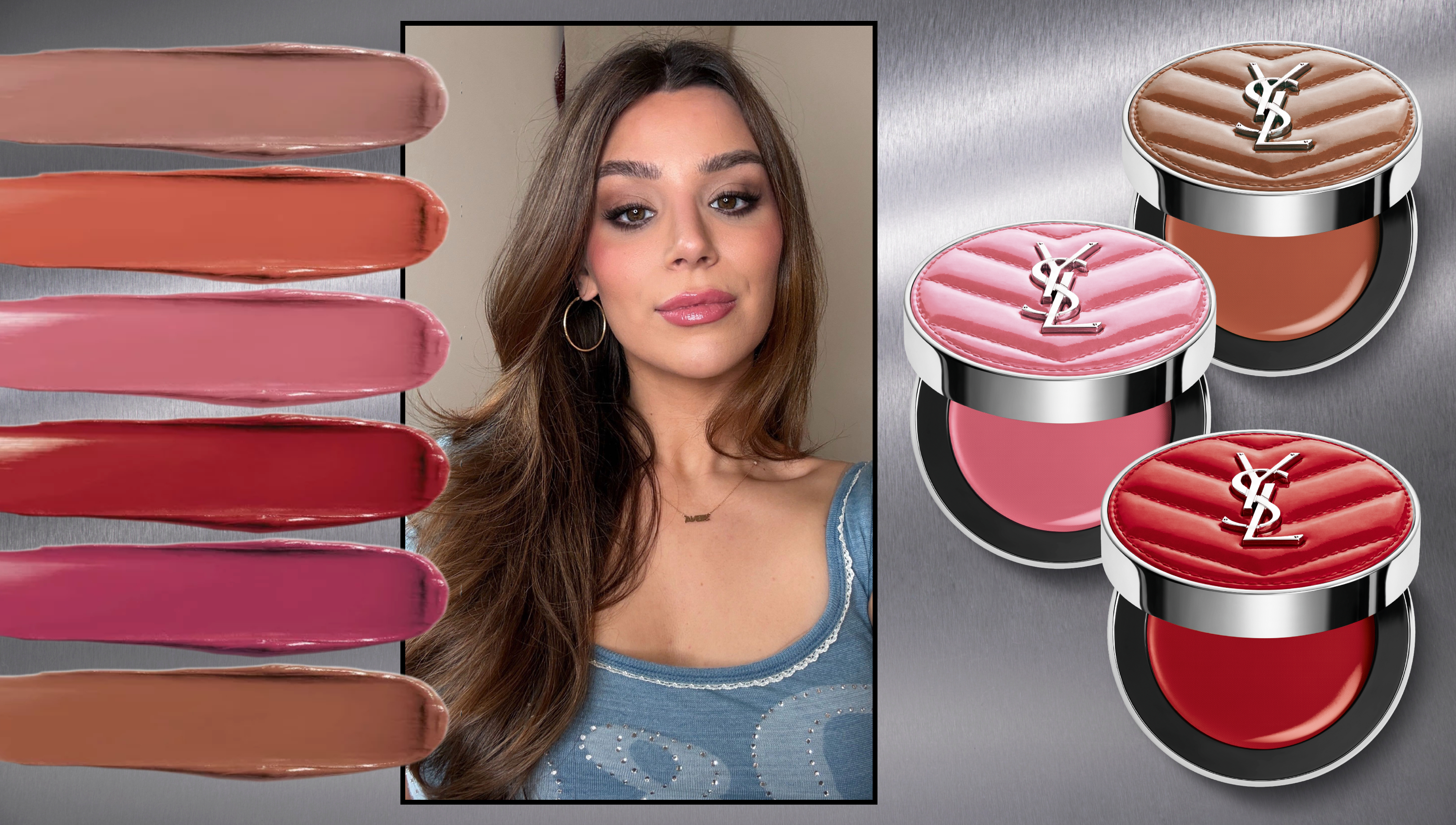 a girl with a blue shirt and brown hair with cream blush swatches next to cream blushes