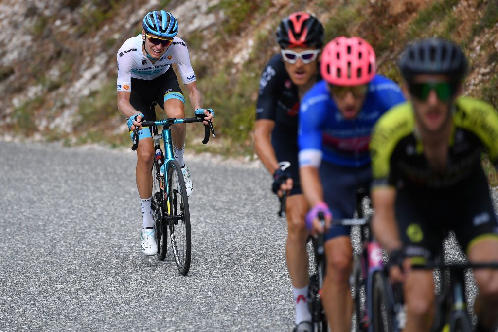 CASCIA ITALY SEPTEMBER 10 Aleksandr Vlasov of Russia and Astana Pro Team White Best Young Jersey Geraint Thomas of The United Kingdom and Team INEOS Grenadiers Michael Woods of Canada and Team EF Pro Cycling Blue Leader Jersey Simon Yates of The United Kingdom and Team MitcheltonScott during the 55th TirrenoAdriatico 2020 Stage 4 a 194km stage from Terni to Cascia 645m TirrenAdriatico on September 10 2020 in Cascia Italy Photo by Justin SetterfieldGetty Images
