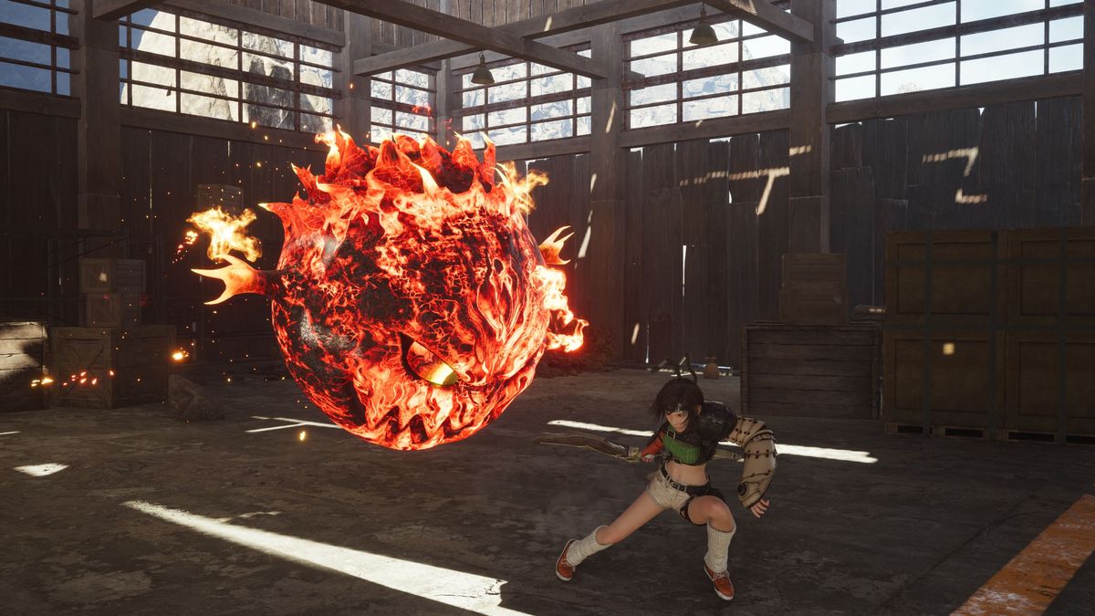 In-game screenshot of Yuffie battling a Bomb in Final Fantasy 7 Rebirth