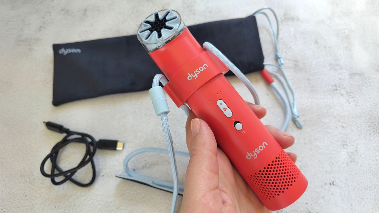 Dyson fan in reviewer's hand