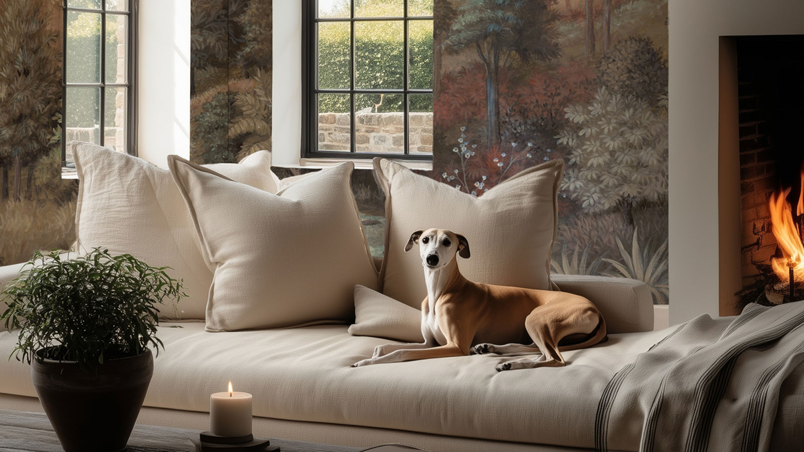 living room with wall mural and large cream sofa with dog