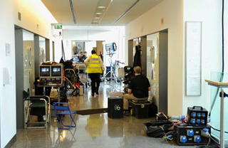 Movie equipment in the corridors of Blue Fin Building