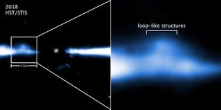 The Hubble Space Telescope image on the left is an edge-on view of a portion of a vast debris disk around the young, nearby red dwarf star AU Microscopii (AU Mic), where several "blobs" of material could be "snowplowing" remaining debris out of the system and limiting habitability of any exoplanets. The inset at left shows one such blob extending above and below the disk as seen by a Hubble Space Telescope instrument in 2018. At right is a close-up image of the blob.