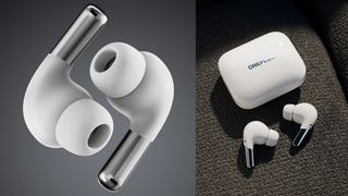 two images of the OnePlus Buds Pro; on the left is a closeup of the earbuds, while the right shows the earbuds with their charging case