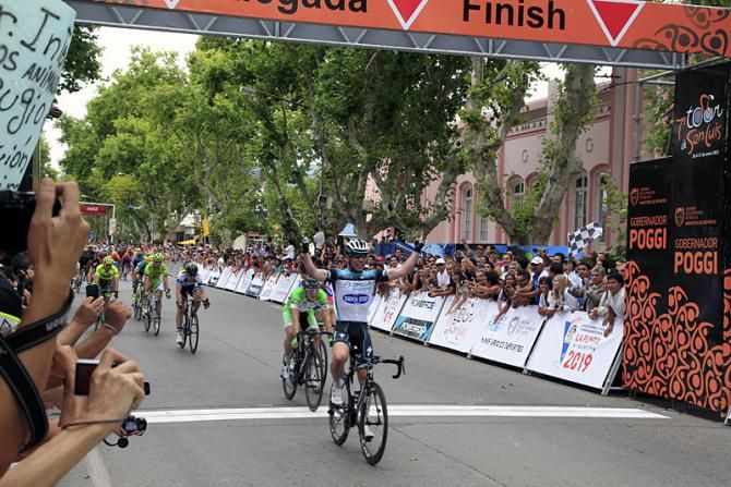 The Manx Missile celebrates victory in his first race of 2013, stage 1 at the Tour de San Luis.