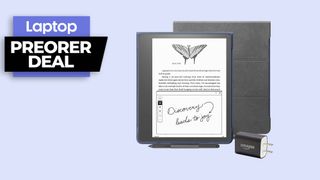 Kindle Scribe ereader with cover, pen and adapter with preorder deal badge against a blue background