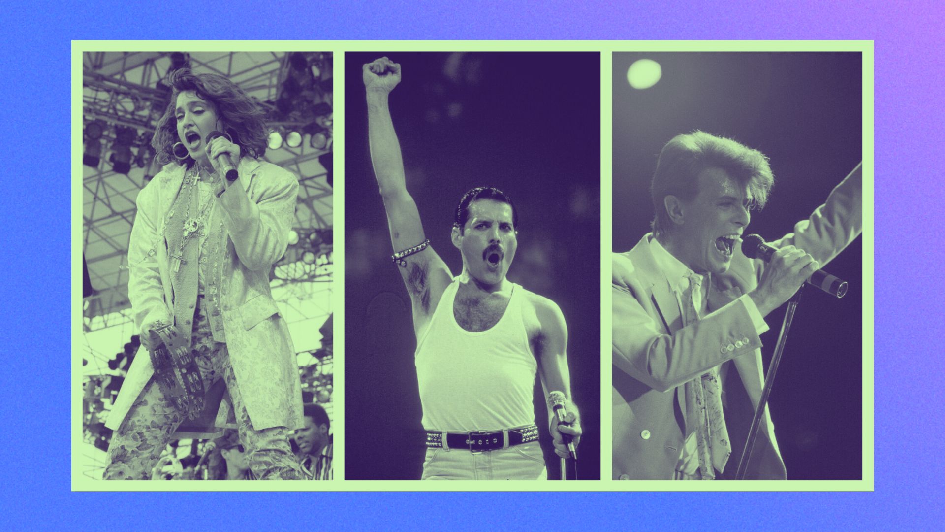Madonna, Freddie Mercury and David Bowie performing at Live Aid in 1985.