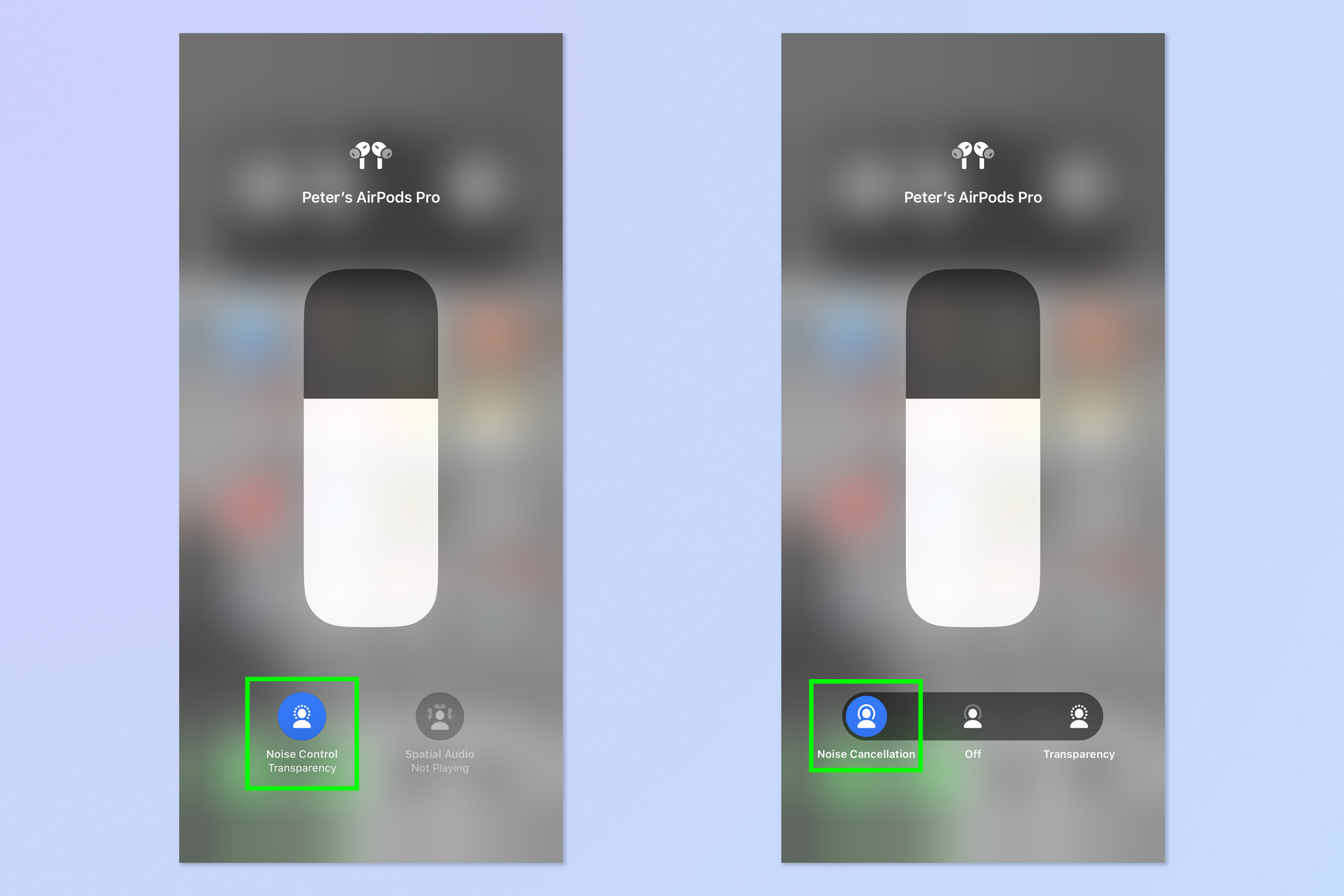 Screenshot showing how to activate noise cancellation on AirPods Pro