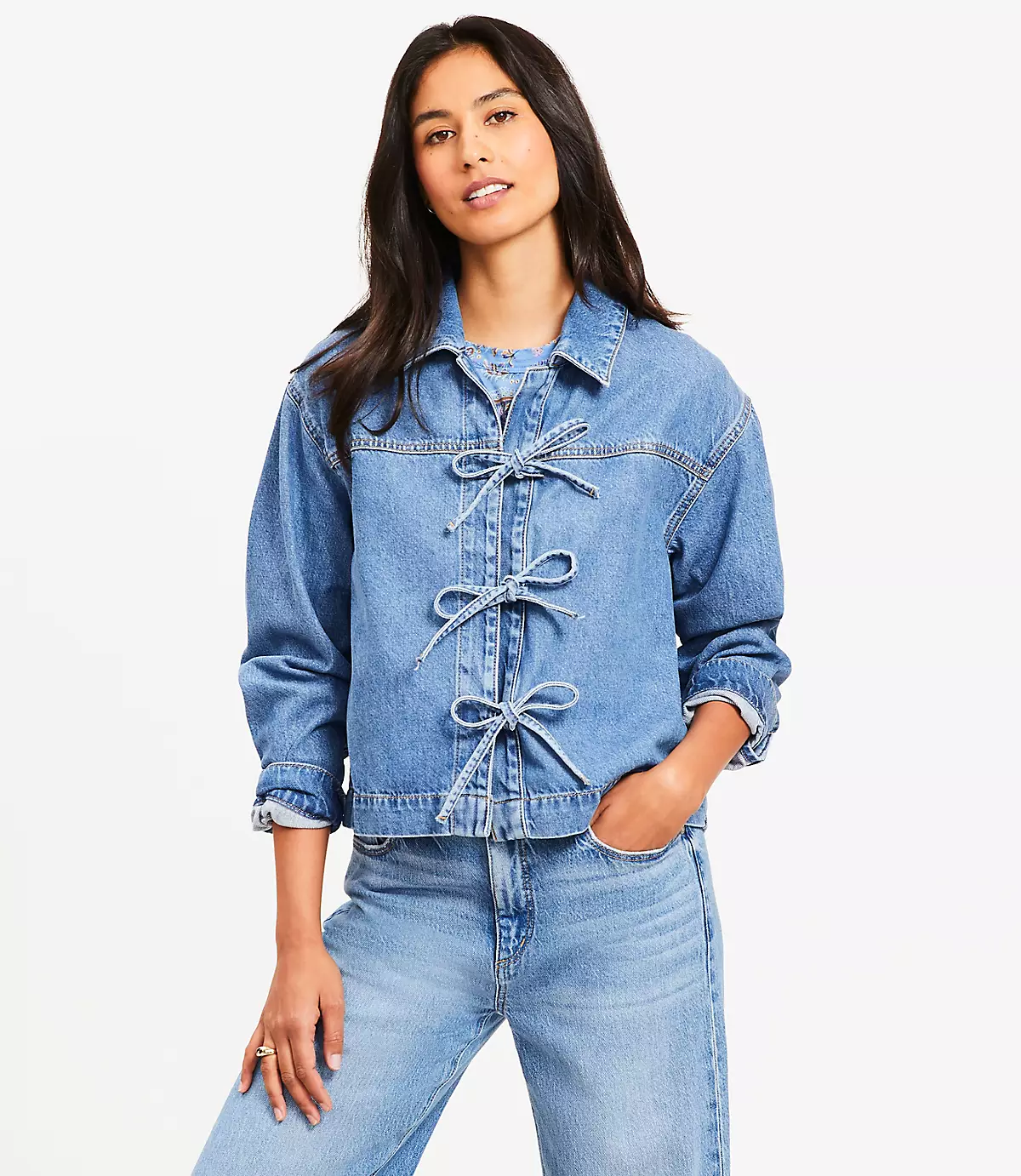 loft, Denim Bow Top in Bright Mid Indigo Wash