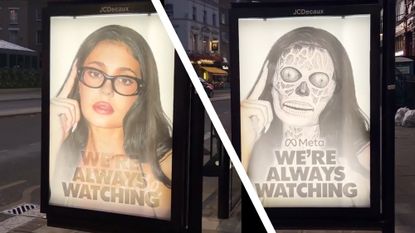 Fake bus stops ads in London showing Meta smart glasses