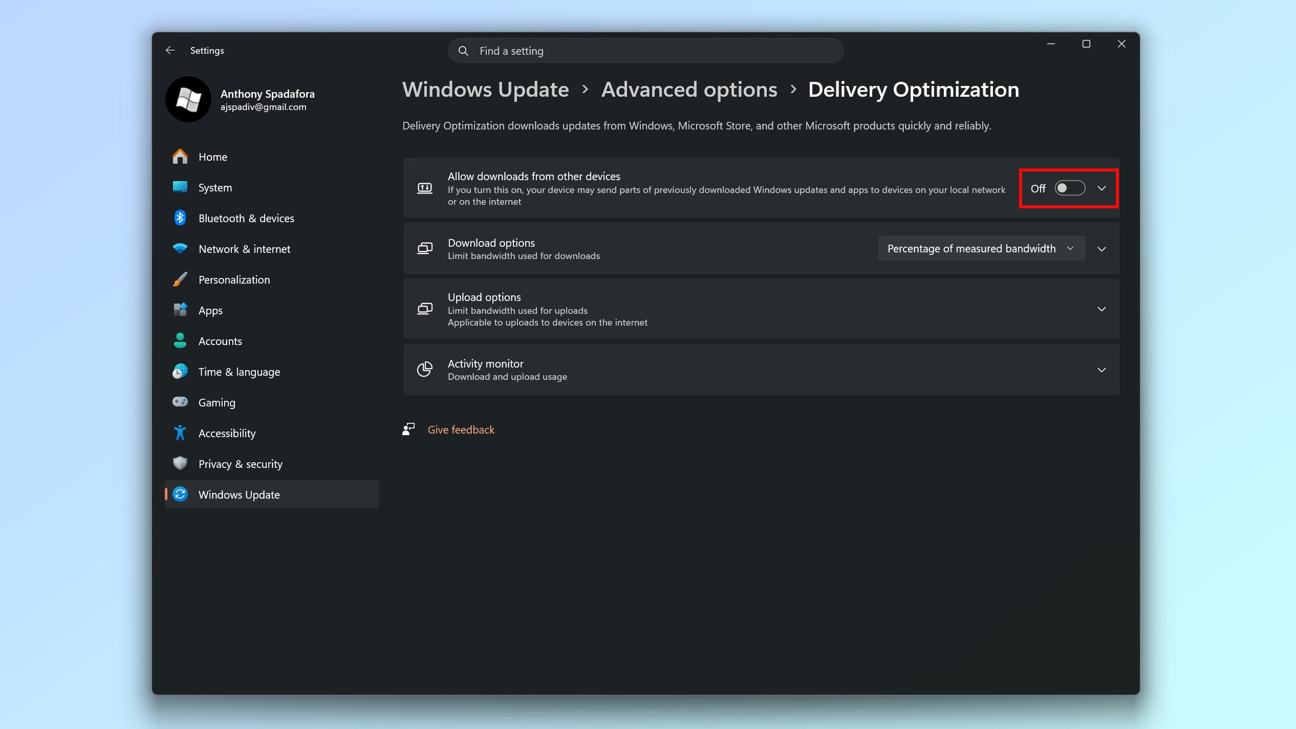 A screenshot showing how to disable Delivery Optimization in Windows Update