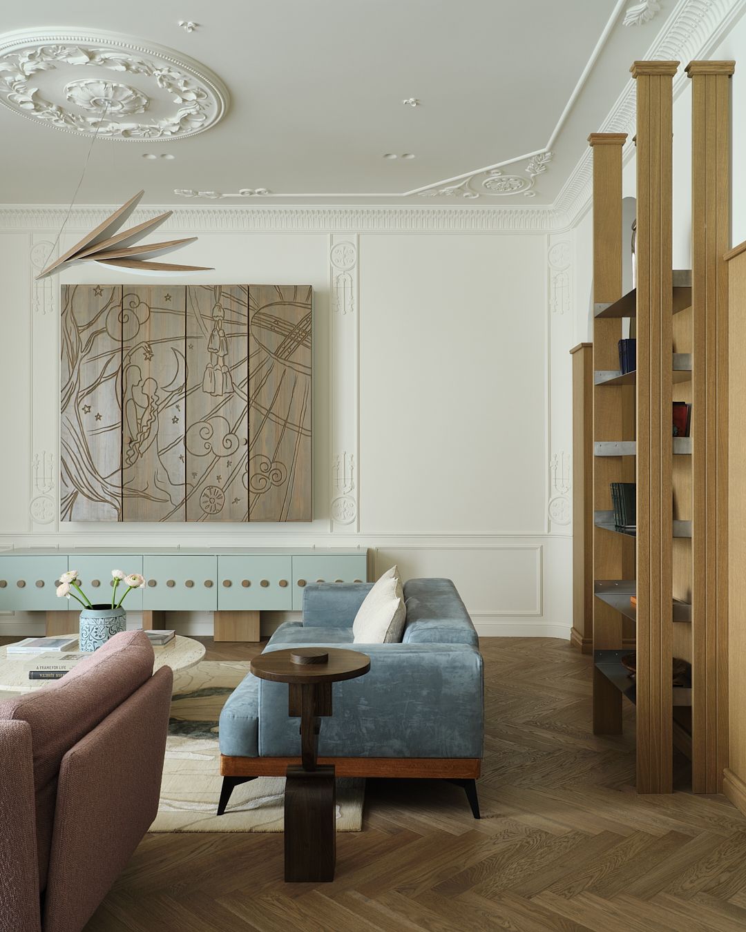 A photo showing a wooden TV unit that hides the television in a living room