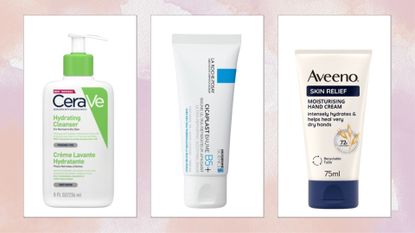 A selection of our team's 'Unsexy skincare' favourites from likes of CeraVe, La Roche-Posay and Aveeno/ in a peach, purple and white watercolour paint-style template