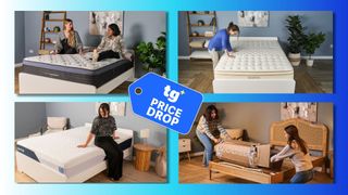 A collage of images, showing mattresses being tested. In the top left, two members of the Tom's Guide sleep team sit on the Helix Midnight Luxe mattress. Top right, a mattress tester places her hands on the Saatva Classic. Bottom left, a mattress tester sits on the Nectar Classic. Bottom right, two women un-box a rolled up mattress in a box. 