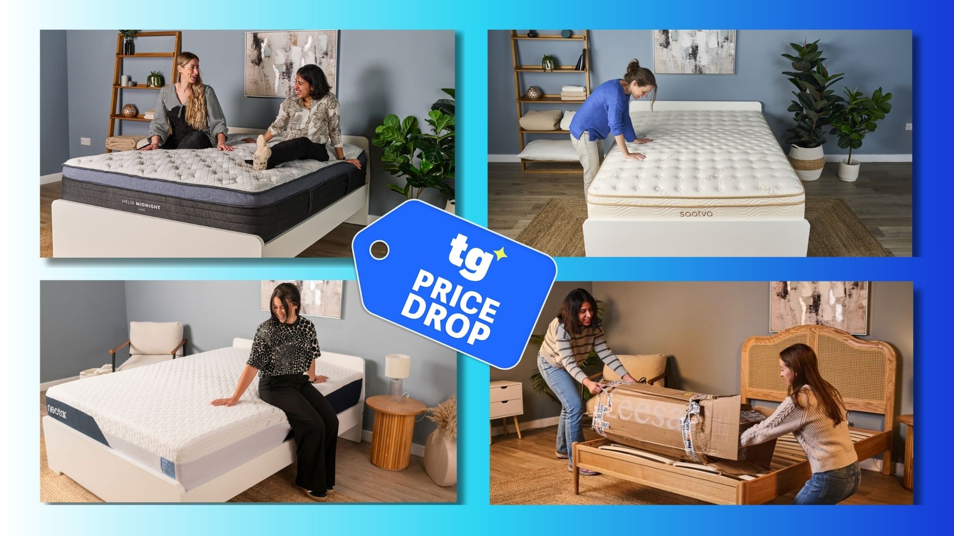 A collage of images, showing mattresses being tested. In the top left, two members of the Tom's Guide sleep team sit on the Helix Midnight Luxe mattress. Top right, a mattress tester places her hands on the Saatva Classic. Bottom left, a mattress tester sits on the Nectar Classic. Bottom right, two women un-box a rolled up mattress in a box. 