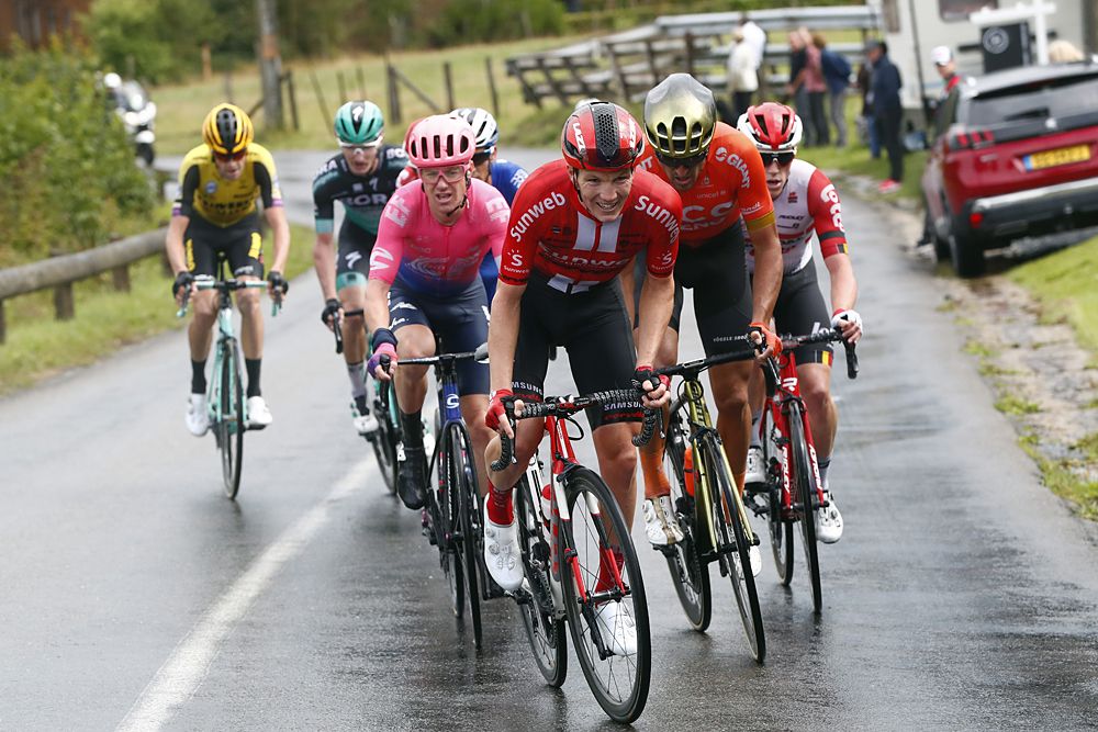 Breakaway: Greg Van Avermaet of Belgium and CCC Team / Soren Kragh Andersen of Denmark and Team Sunweb / Jay McCarthy of Australia and Team Bora-Hansgrohe / Simon Clarke of Australia and Team EF Education First / Iljo Keisse of Belgium and Team Deceuninck-QuickStep / Zdenek Stybar of Czech Republic and Team Deceuninck-QuickStep / Tim Wellens of Belgium and Team Lotto Soudal / Stan Dewulf of Belgium and Team Lotto Soudal / Laurens De Plus of Belgium and Team Jumbo-Visma / during the 15th Binck Bank Tour 2019, Stage 4