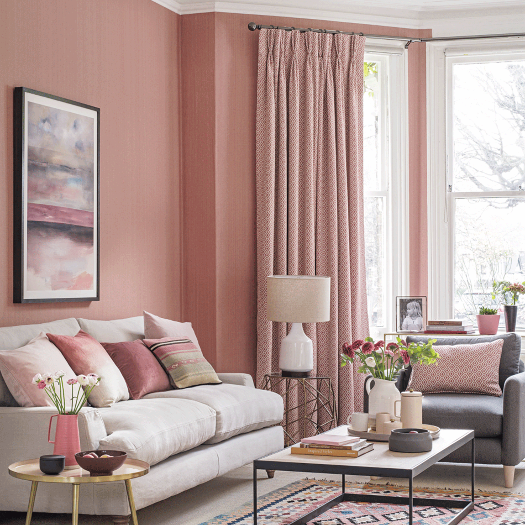 Pink living room with pink curtains