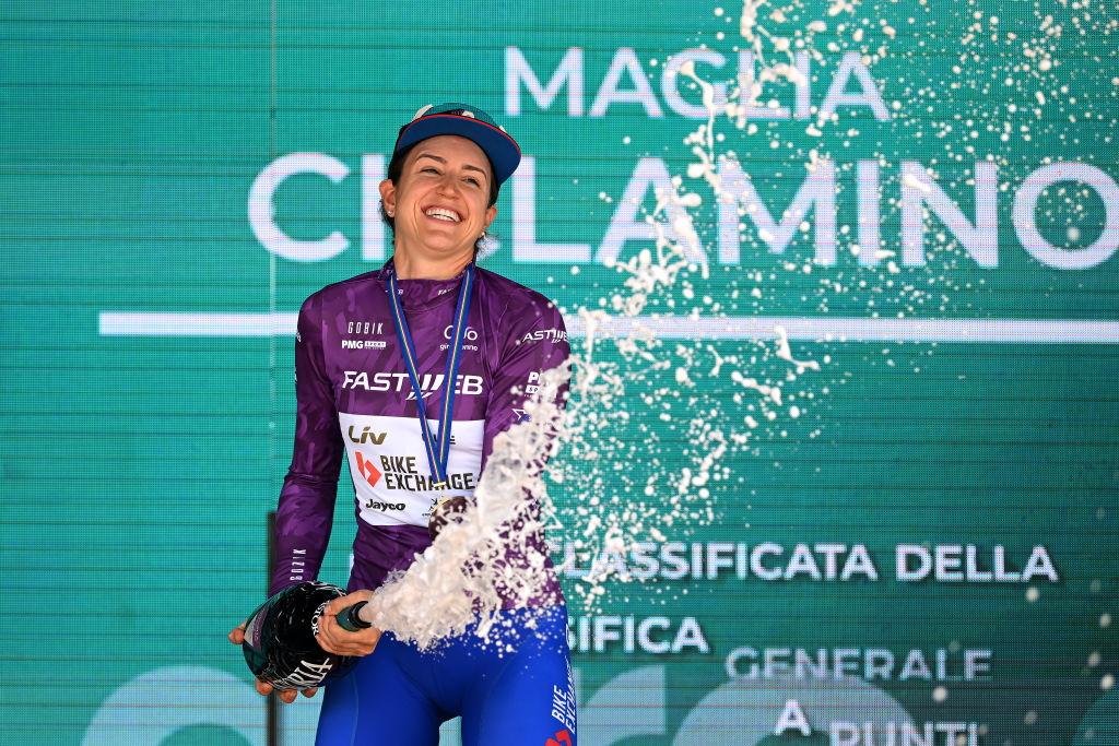 CAGLIARI ITALY  JUNE 30 Kristen Faulkner of United States and Team BikeExchange  Jayco celebrates at podium as purple points jersey winner during the 33rd Giro dItalia Donne 2022  Stage 1 a 47km individual time trial stage from Cagliari to Cagliari  ITT  GiroDonne  UCIWWT  on June 30 2022 in Cagliari Italy Photo by Dario BelingheriGetty Images