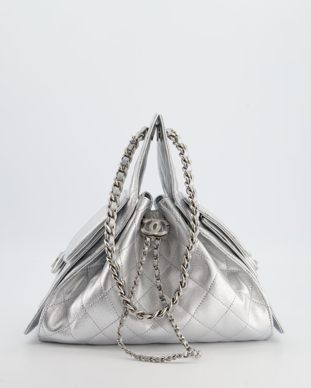 *rare* Chanel Silver Caviar Leather Small 25 Handbag With Silver Hardware