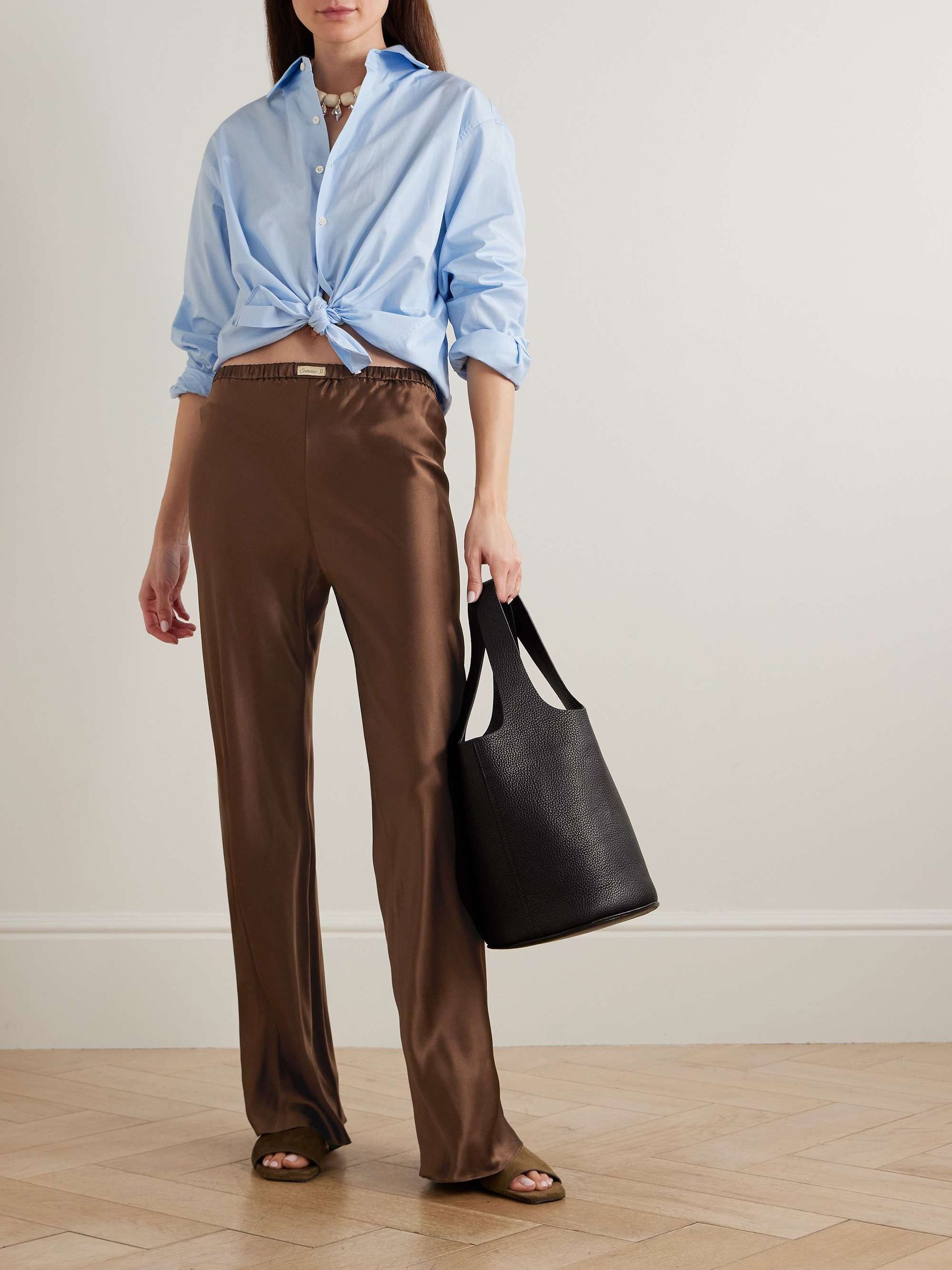 Appliquéd Silk-Charmeuse Straight-Leg Pants