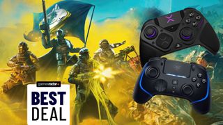 Helldivers 2 banner image with two PS5 pro controllers over the top of it and a best deals stamp on the left