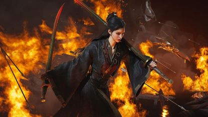 A woman with swords walks through fire in Where Winds Meet