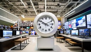 A white clock in front of a tech store