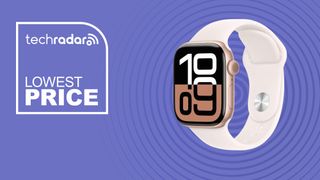 The Apple Watch Series 10 on a purple background with text saying Lowest Price.