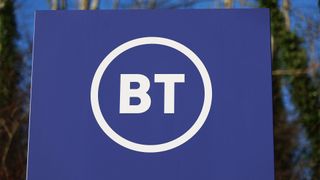 BT logo and branding pictured at the telecoms giant&#039;s Warrington office.