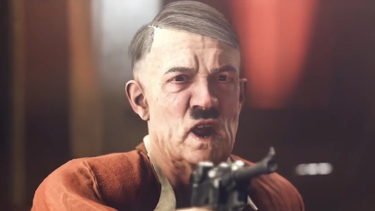 Elderly Adolf Hitler holding gun pointed at camera.