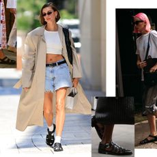 Hailey Bieber wearing black fisherman sandals, jean shorts, white top, trench coat, Fashion Week guests wearing black leather fisherman sandals, and Michael Kors Spring 2025 leather fisherman sandals in brown