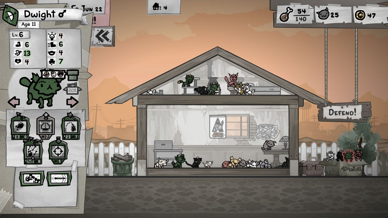 Mewgenics Guillotina: A player inspecting a Hunter cat named Dwight at their house.