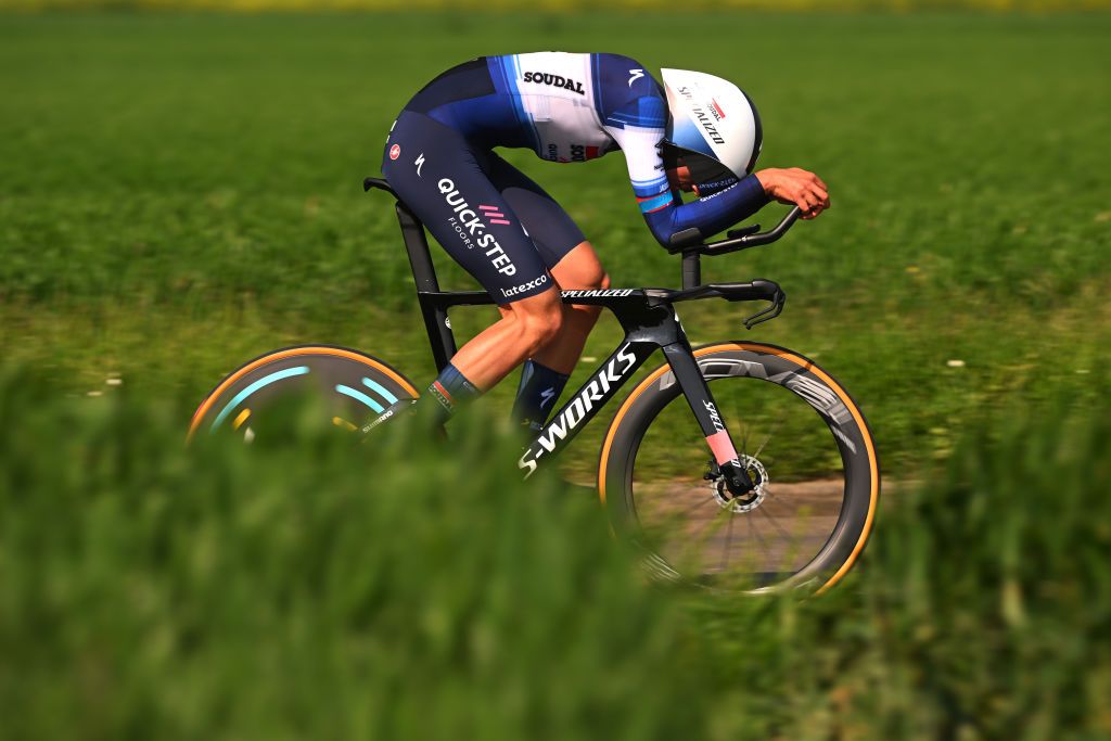 ST QUENTIN FRANCE MAY 18 Ethan Vernon of Great Britain and Team SoudalQuick Step sprints during the 67th 4 Jours de Dunkerque Grand Prix des Hauts de France 2023 Stage 3 a 159km Individual time trial in SaintQuentin on May 18 2023 in St Quentin France Photo by Luc ClaessenGetty Images