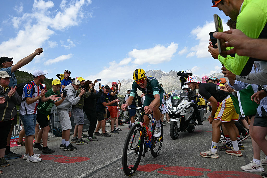 Lidl - Trek team's Danish rider Mads Pedersen wearing the sprinter's green jersey cycles in the Col de la Croix de Fer ascent during the 20th stage of the 113th edition of the Tour de France cycling race, 170,9 km between Le Bourg-d'Oisans and Alpe d'Huez in the French Alps, on July 25, 2026. (Photo by Loic VENANCE / AFP)