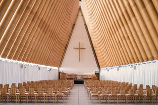 Among Ban's creations is a beautiful cardboard cathedral in New Zealand