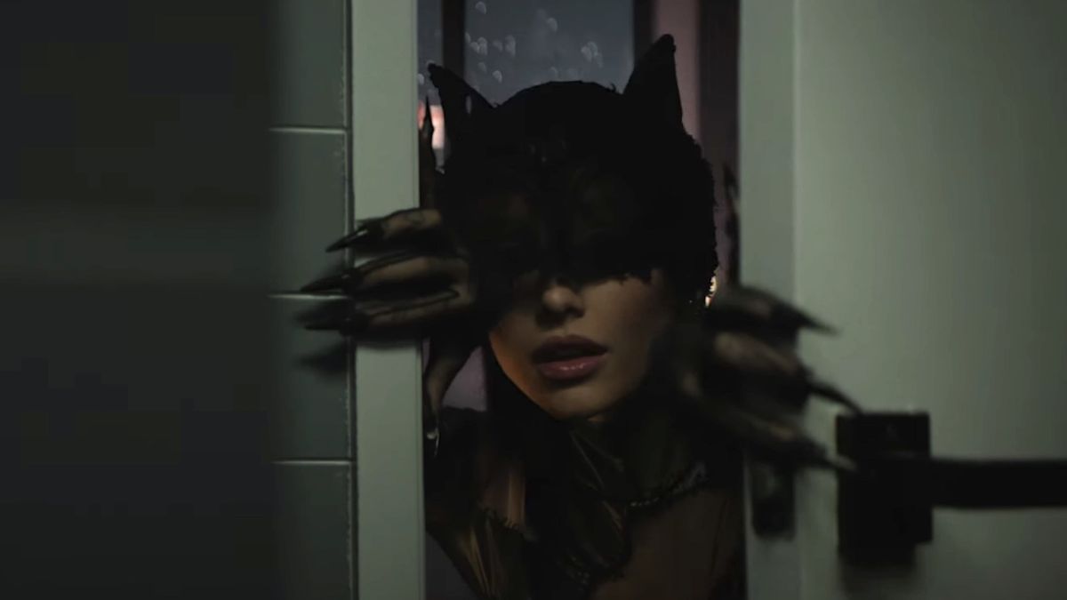 Ariana Grande coming through a door as Catwoman