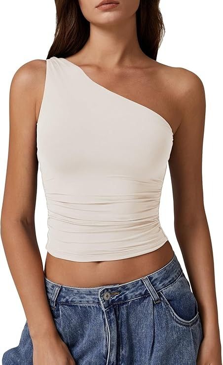 QINSEN, Qinsen Womens One Shouder Tank Tops Summer Y2k Going Out Basic Sleeveless Shirt Biege M