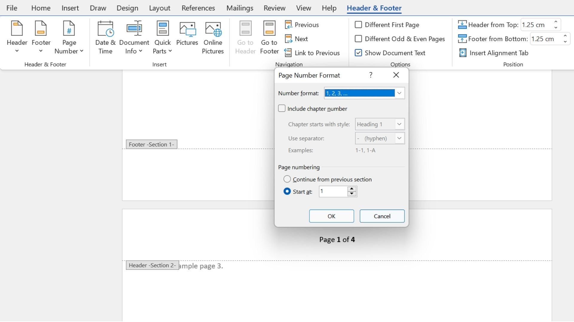 Screenshot of Page Number Format menu in Microsoft Word